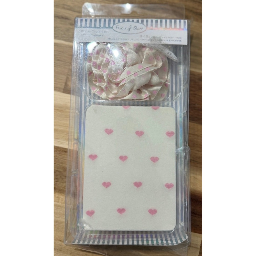 Rising Star Baby Girls White Pink Heart Tights and Headwrap Set 9-18 Months NEW